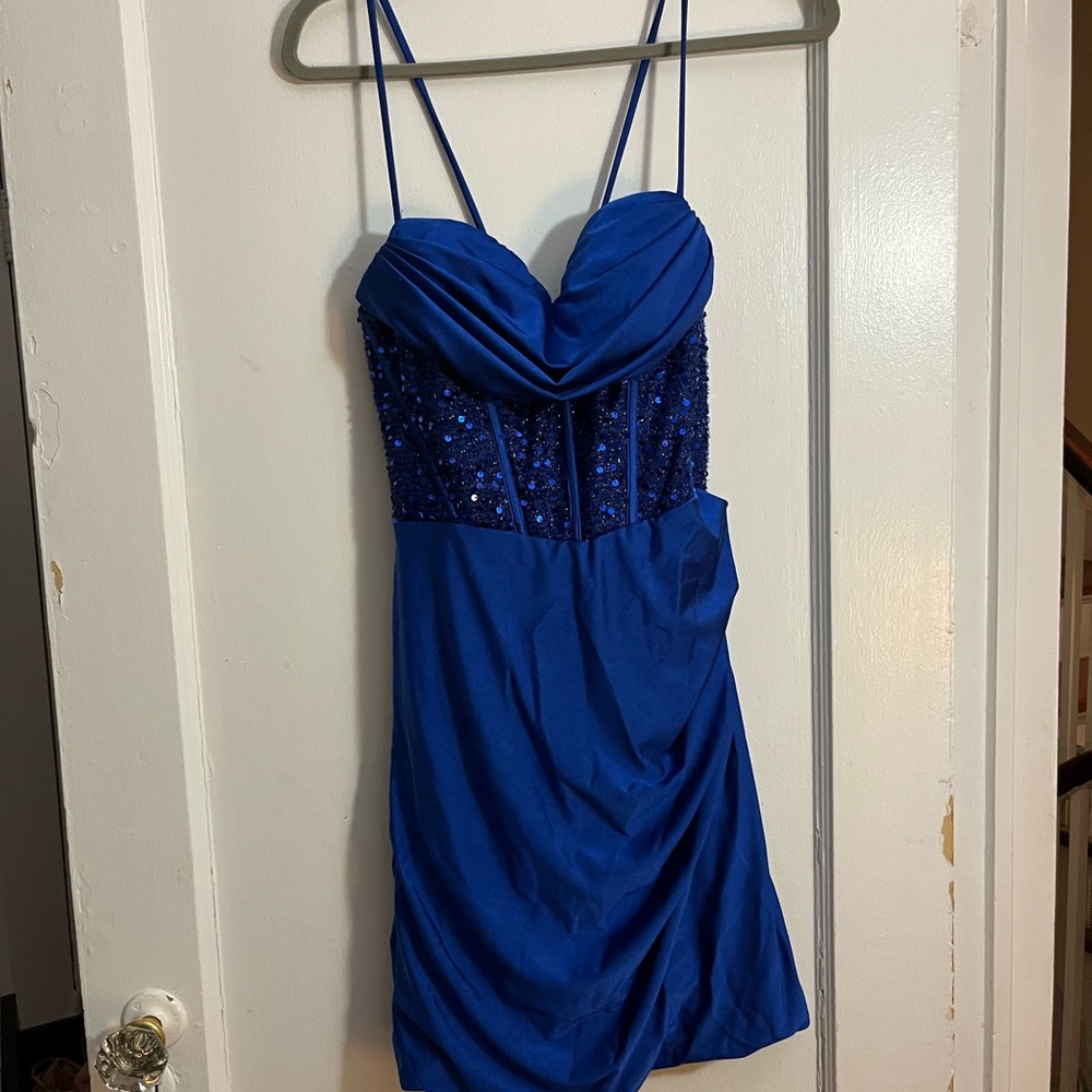 Elegant Sapphire Mini Dress with Beaded Bodice